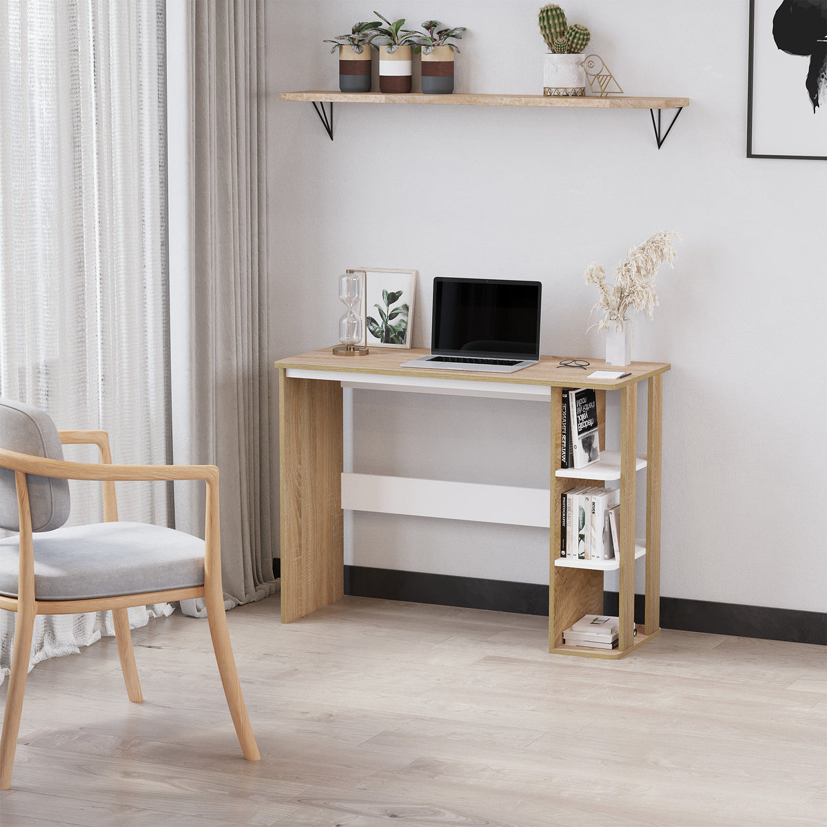 Bureau Informatique Table d'ordinateur 100L x 44l x 74H cm 3 étagères latérales en Bois Couleur chêne Clair Blanc