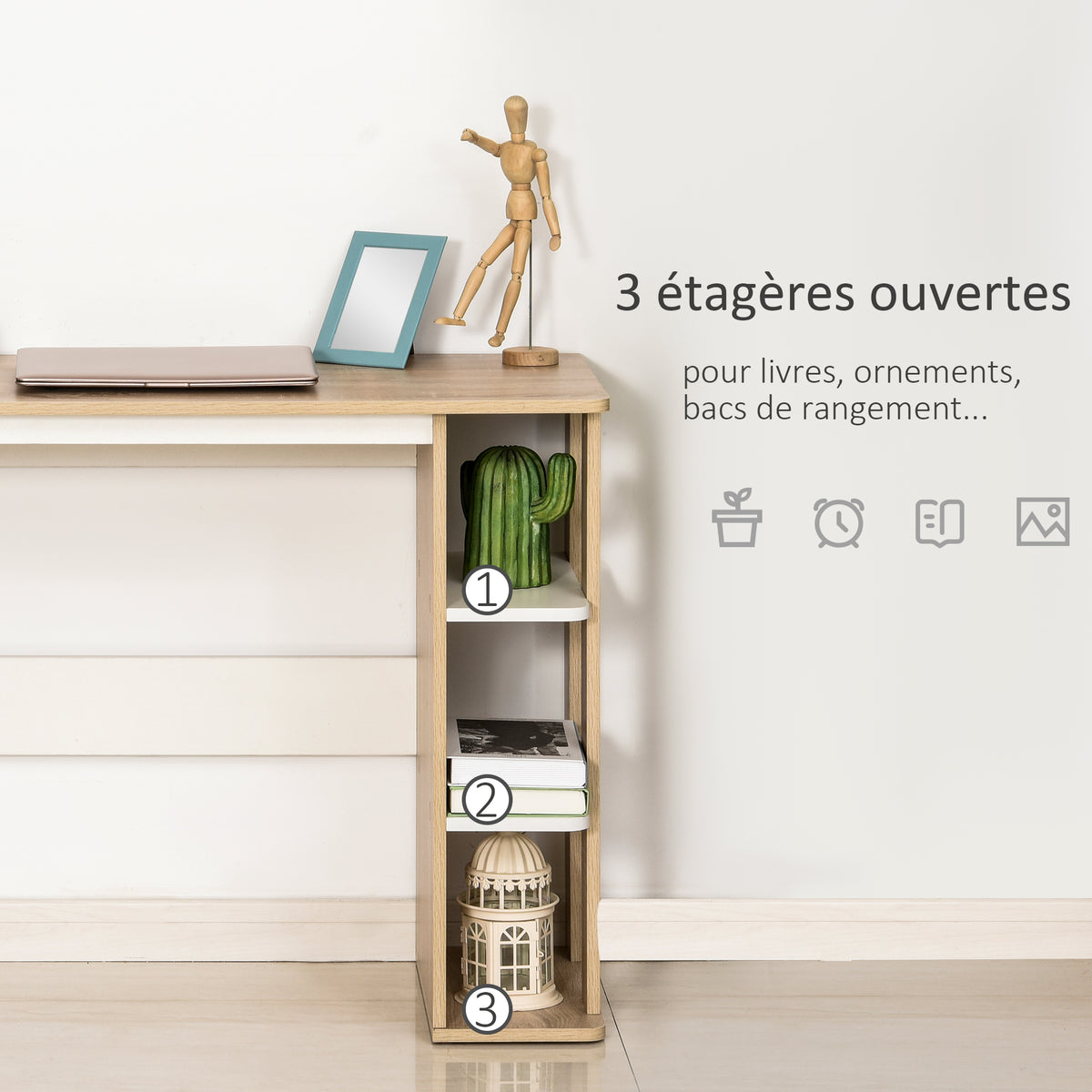 Bureau Informatique Table d'ordinateur 100L x 44l x 74H cm 3 étagères latérales en Bois Couleur chêne Clair Blanc