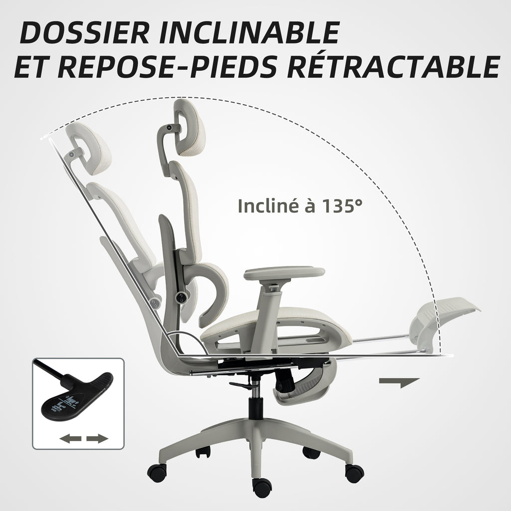 Chaise de bureau ergonomique en maille, fauteuil de bureau inclinable, accoudoirs 3D, appui-tête réglable, beige