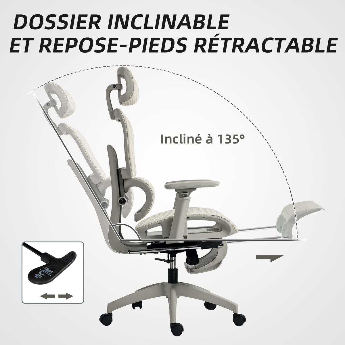 Chaise de bureau ergonomique en maille, fauteuil de bureau inclinable, accoudoirs 3D, appui-tête réglable, beige