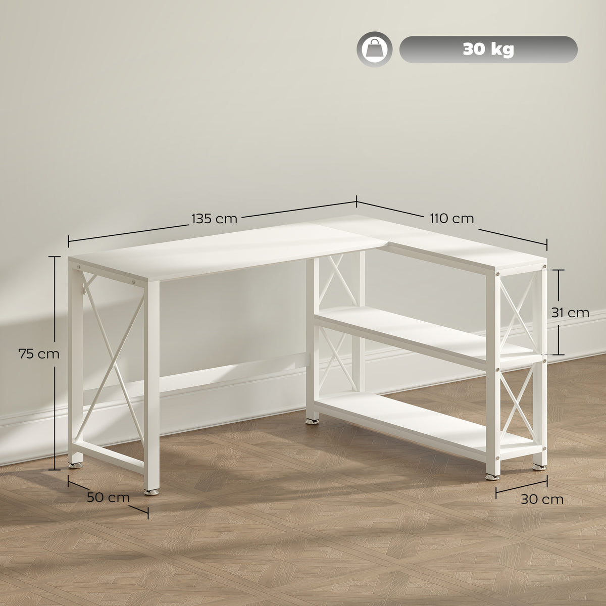 Bureau d'angle modulable réversible, bureau avec rangement, étagère de rangement, cadre en métal, 135x110x75cm, blanc