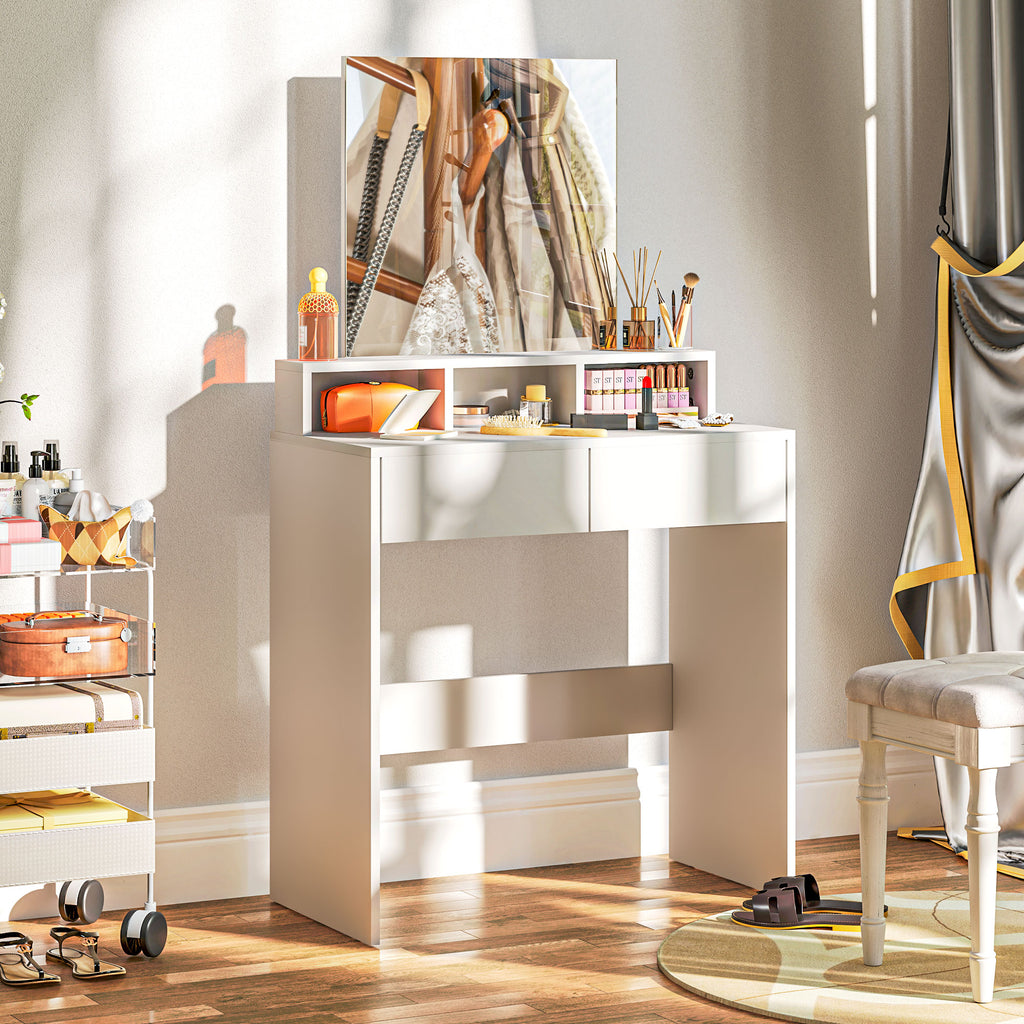 Coiffeuse avec miroir, table de maquillage avec 2 tiroirs et 3 compartiments, style moderne, 75 x 38 x 135 cm, blanc
