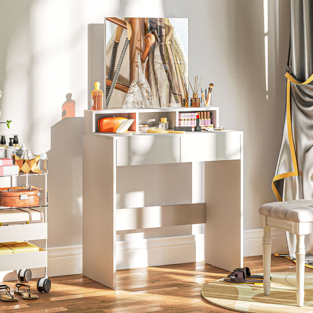 Coiffeuse avec miroir, table de maquillage avec 2 tiroirs et 3 compartiments, style moderne, 75 x 38 x 135 cm, blanc