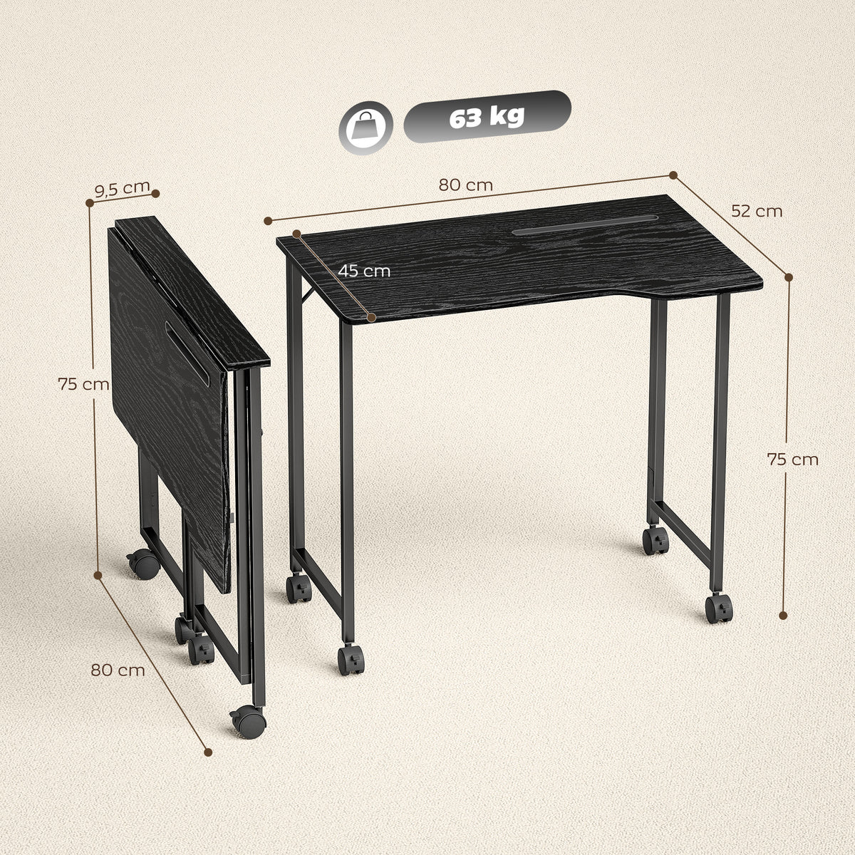 Bureau Pliable 80 x 52 cm, Bureau Ordinateur sur Roulettes avec Fente d'Appareil, Montage Facile, Noir