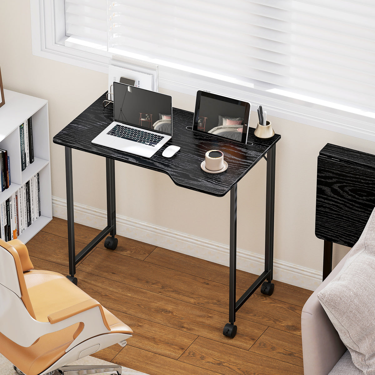 Bureau Pliable 80 x 52 cm, Bureau Ordinateur sur Roulettes avec Fente d'Appareil, Montage Facile, Noir