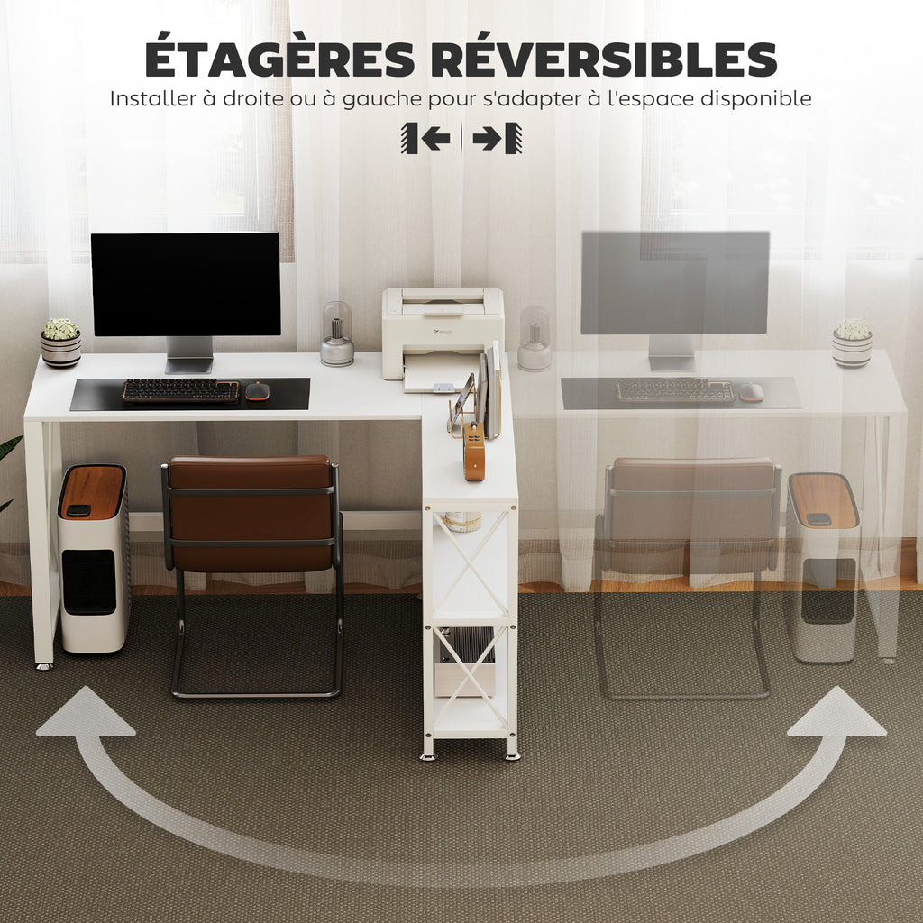 Bureau d'angle modulable réversible, bureau avec rangement, étagère de rangement, cadre en métal, 135x110x75cm, blanc