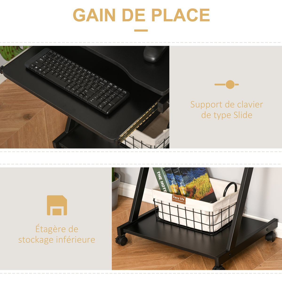 Bureau Informatique Roulant - Bureau Mobile - Table d'ordinateur - Tablette coulissante Clavier + étagère - Noir
