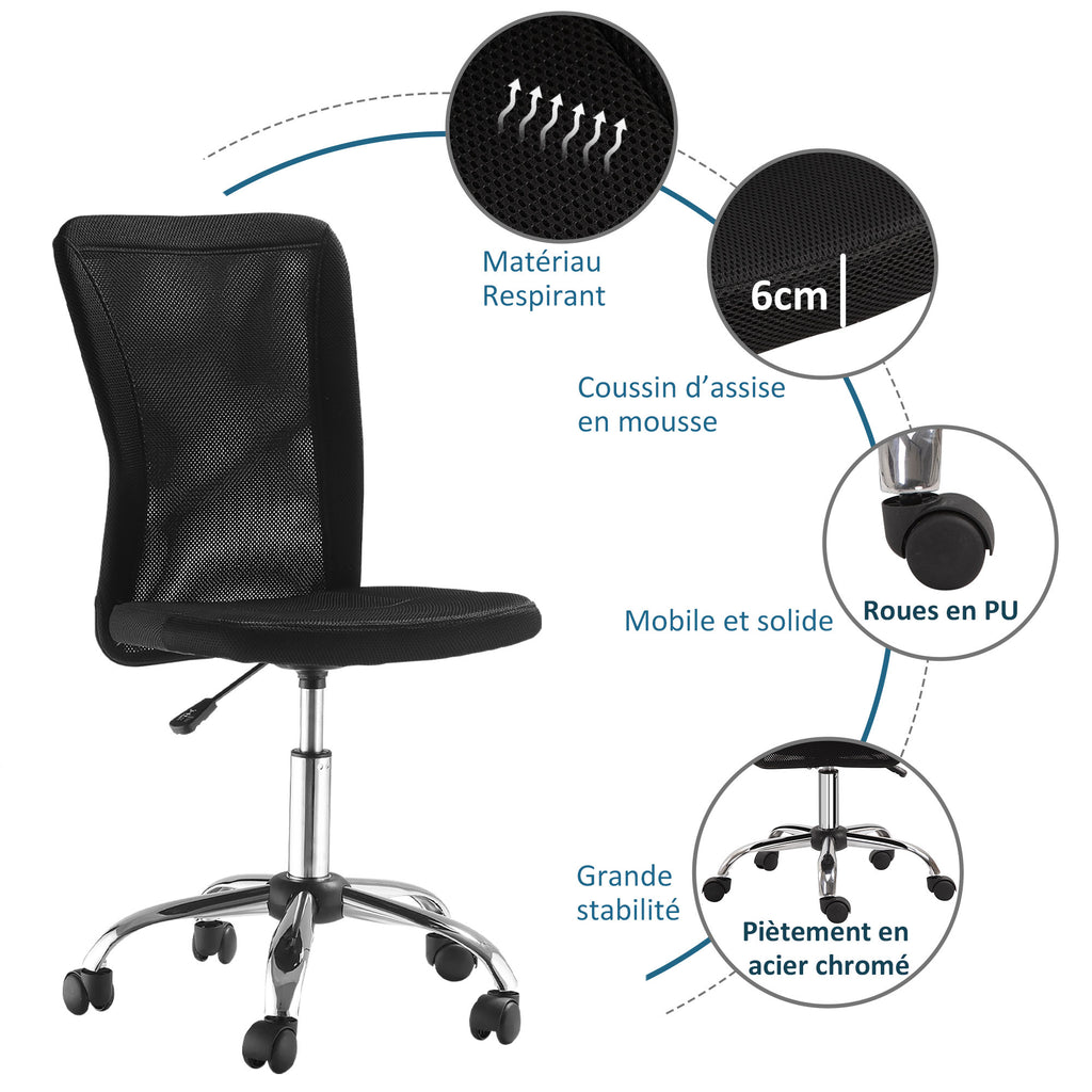 Chaise de Bureau Ergonomique, Fauteuil de Bureau, Hauteur Réglable, Piètement Chromé Noir