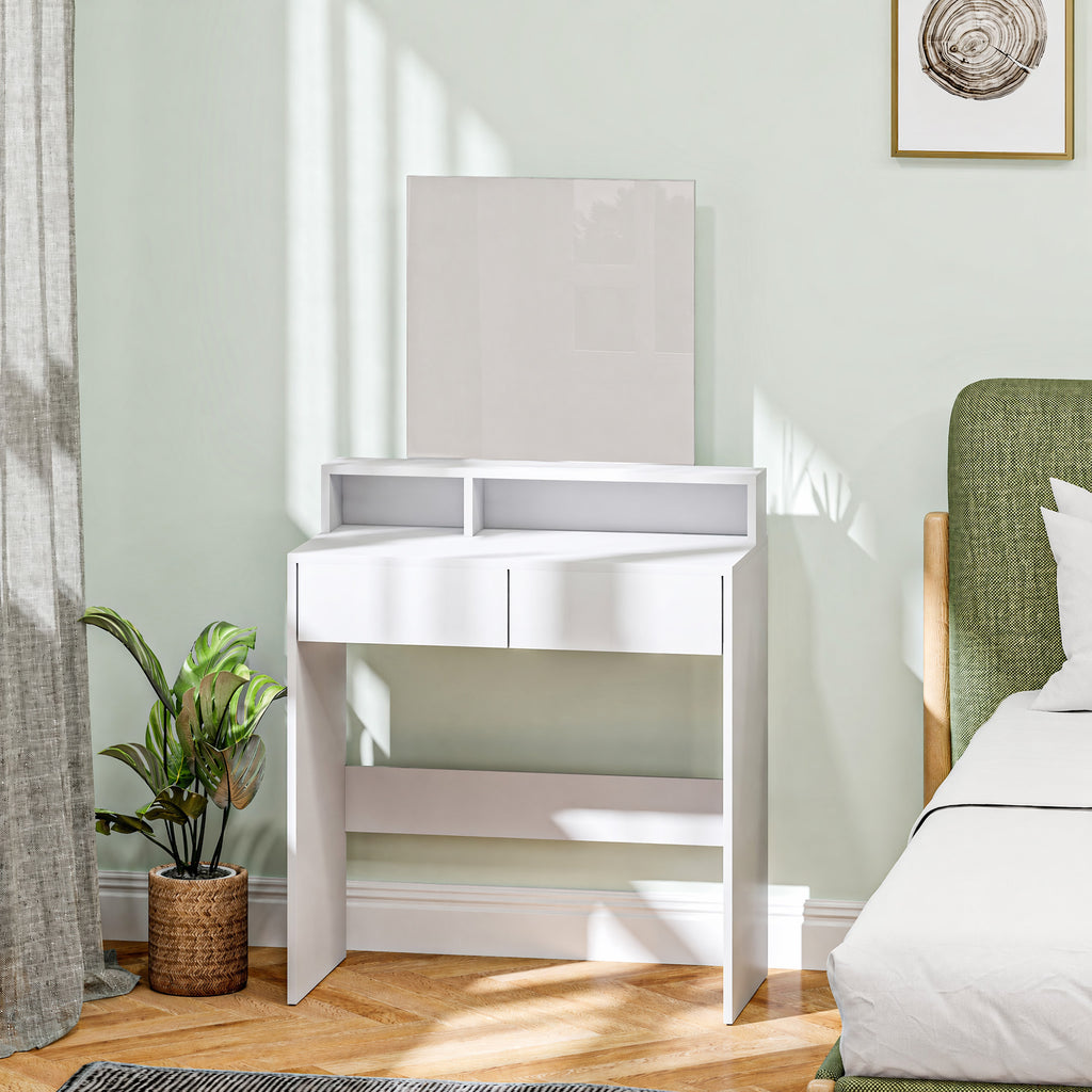 Coiffeuse avec miroir, table de maquillage avec 2 tiroirs et 3 compartiments, style moderne, 75 x 38 x 135 cm, blanc