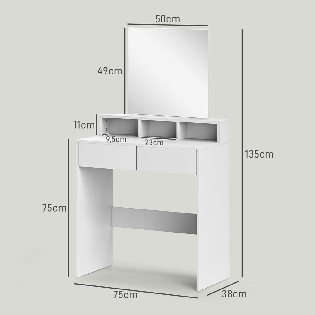 Coiffeuse avec miroir, table de maquillage avec 2 tiroirs et 3 compartiments, style moderne, 75 x 38 x 135 cm, blanc
