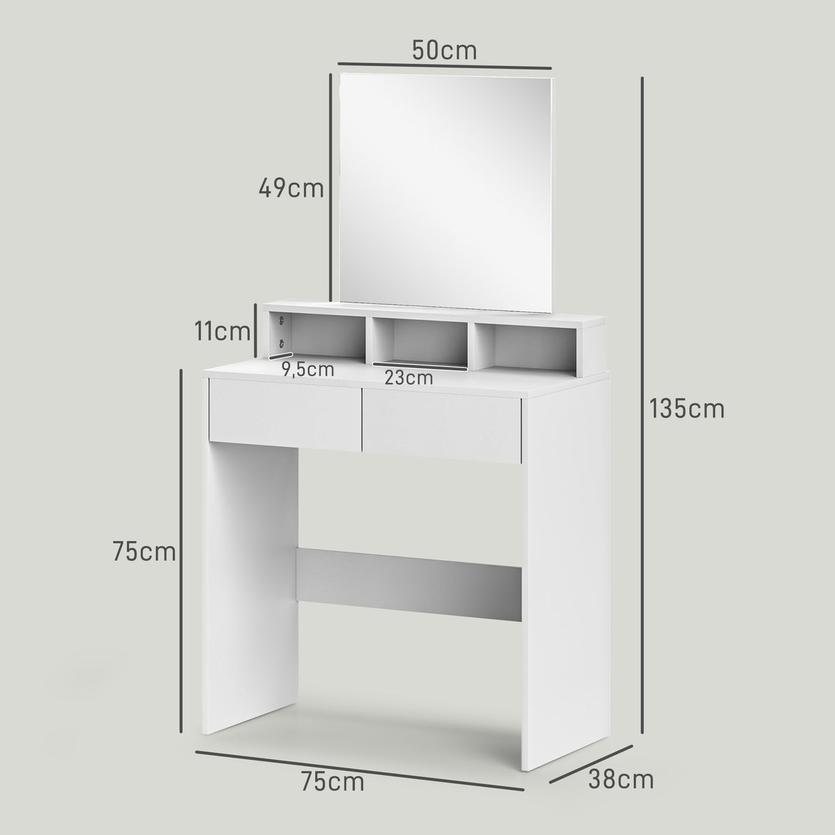 Coiffeuse avec miroir, table de maquillage avec 2 tiroirs et 3 compartiments, style moderne, 75 x 38 x 135 cm, blanc