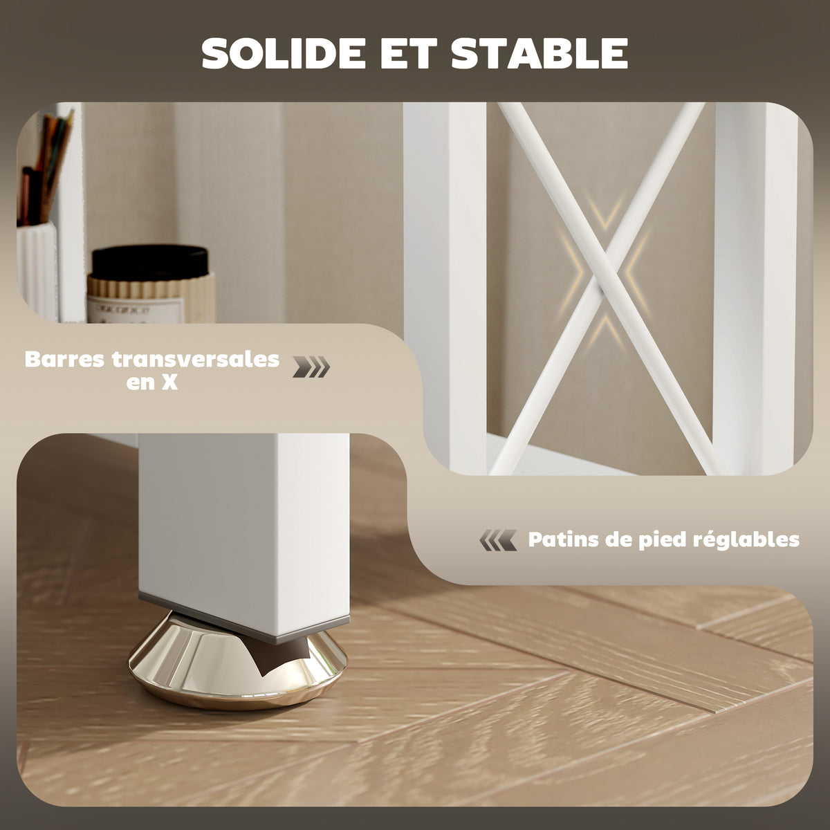 Bureau d'angle modulable réversible, bureau avec rangement, étagère de rangement, cadre en métal, 135x110x75cm, blanc