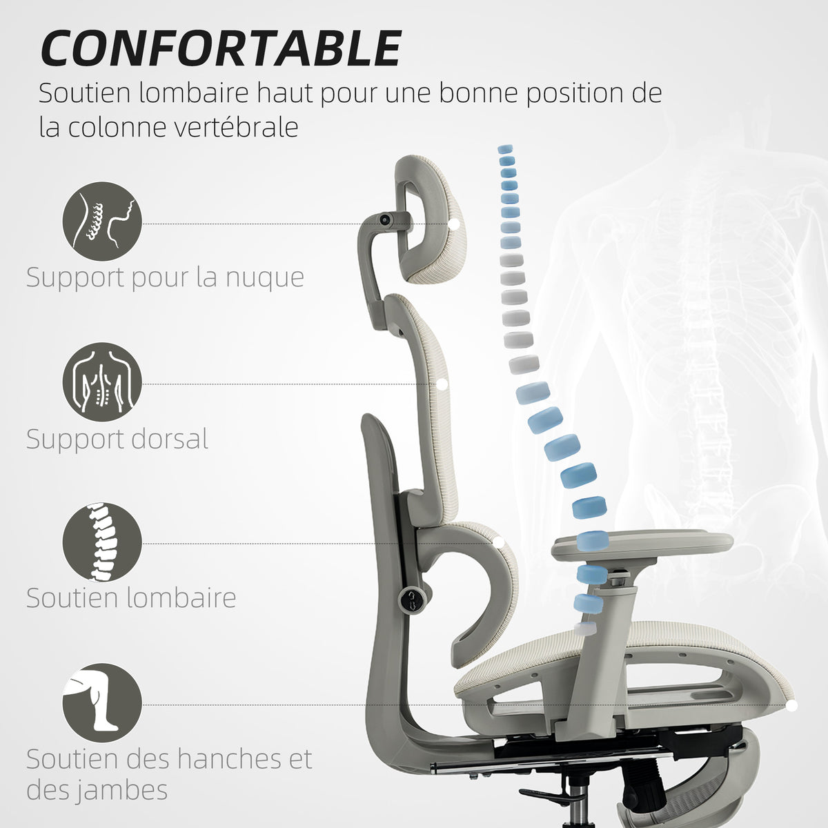 Chaise de bureau ergonomique en maille, fauteuil de bureau inclinable, accoudoirs 3D, appui-tête réglable, beige