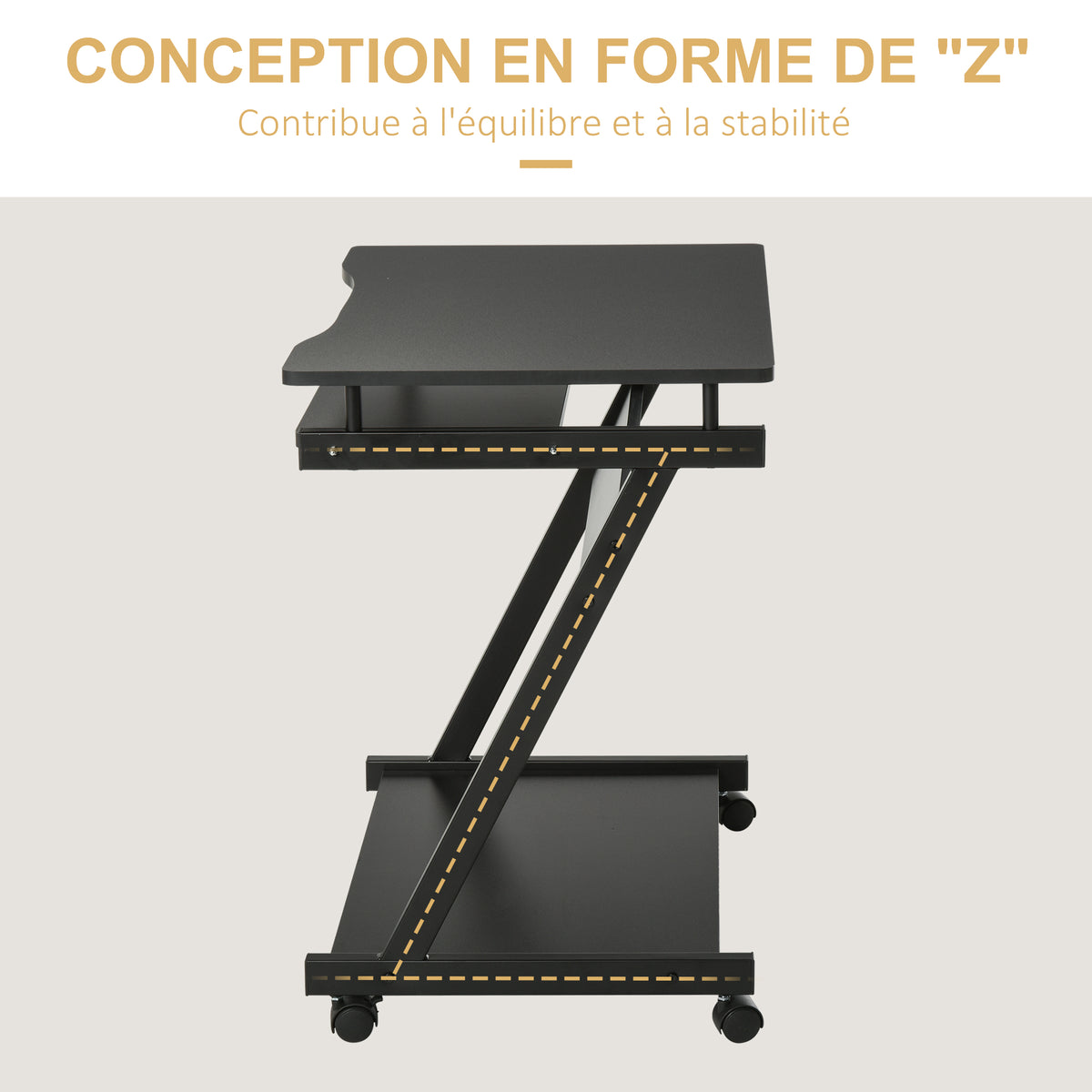 Bureau Informatique Roulant - Bureau Mobile - Table d'ordinateur - Tablette coulissante Clavier + étagère - Noir