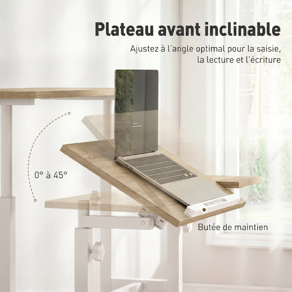 Bureau assis debout bureau réglable en hauteur 70 x 60 cm à roulettes avec plateau inclinable cadre en métal marron