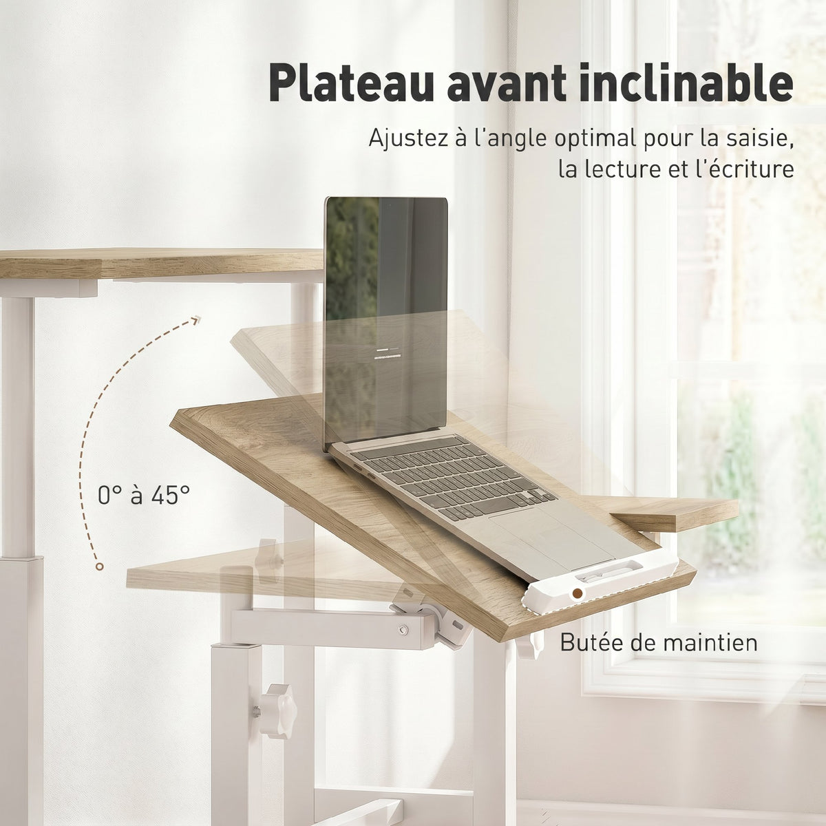 Bureau assis debout bureau réglable en hauteur 70 x 60 cm à roulettes avec plateau inclinable cadre en métal marron