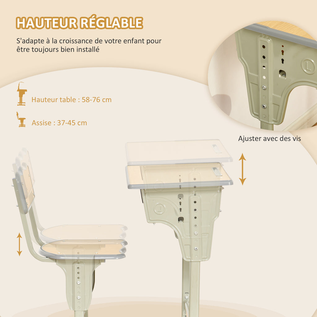 Bureau enfant Vintage style pupitre d'écolier - ensemble bureau et chaise réglable - case de rangement, bracket, range-stylos - acier kaki MDF aspect bois clair