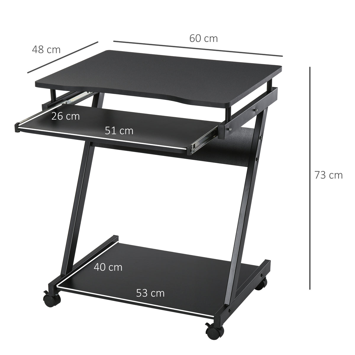 Bureau Informatique Roulant - Bureau Mobile - Table d'ordinateur - Tablette coulissante Clavier + étagère - Noir