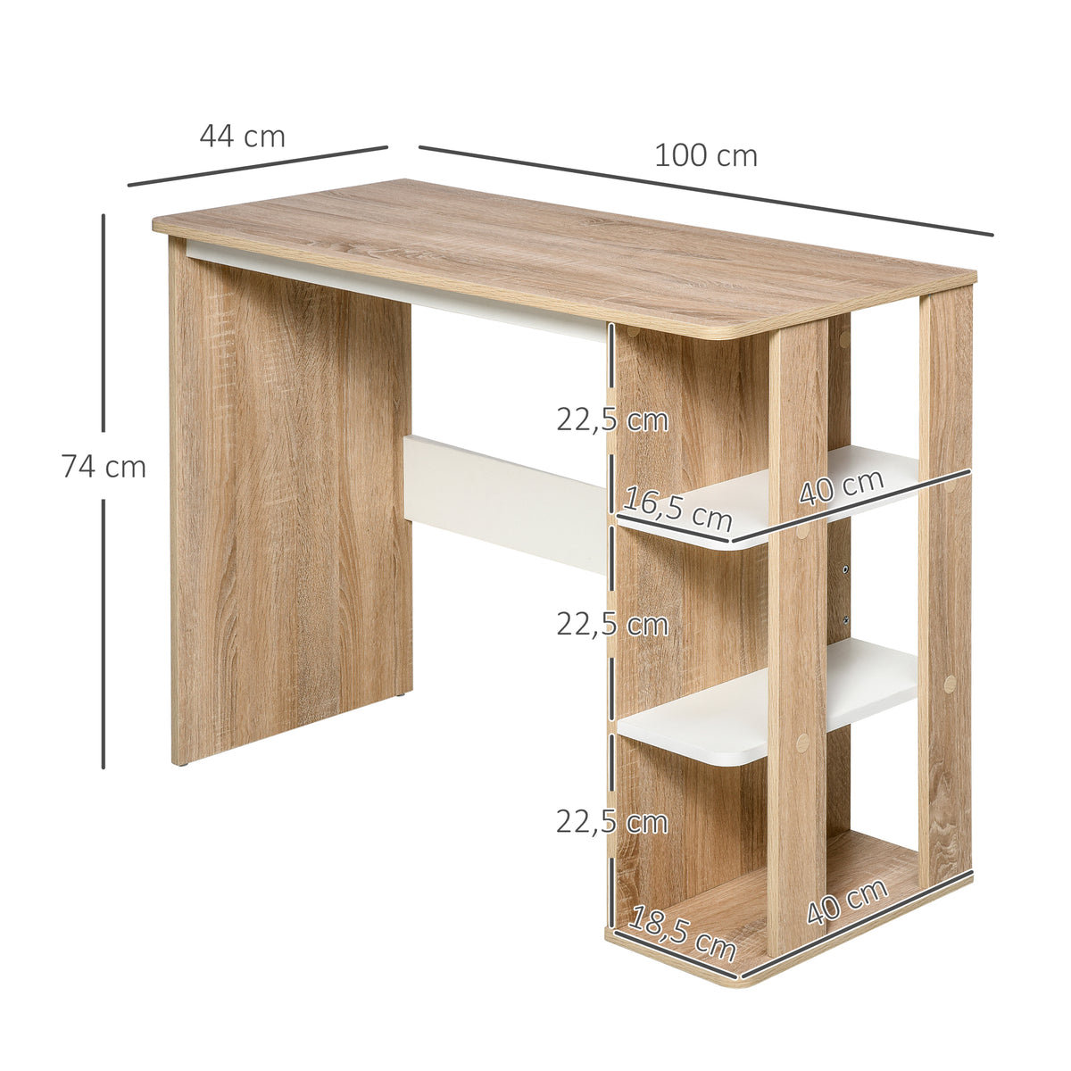 Bureau Informatique Table d'ordinateur 100L x 44l x 74H cm 3 étagères latérales en Bois Couleur chêne Clair Blanc