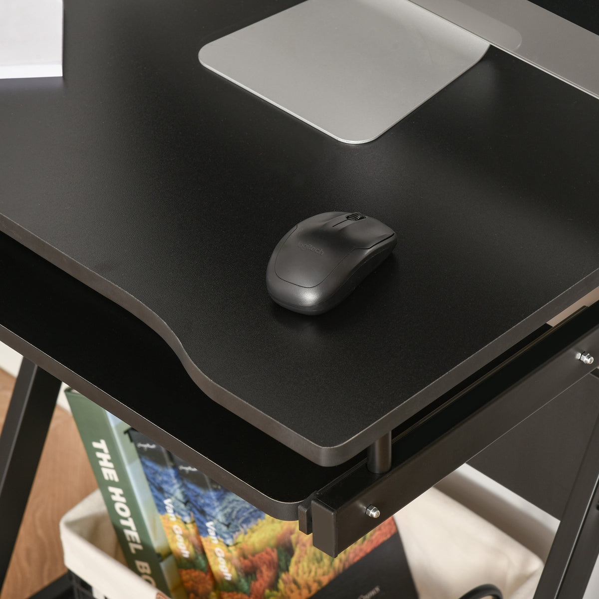 Bureau Informatique Roulant - Bureau Mobile - Table d'ordinateur - Tablette coulissante Clavier + étagère - Noir