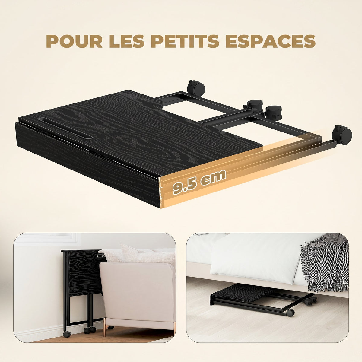 Bureau Pliable 80 x 52 cm, Bureau Ordinateur sur Roulettes avec Fente d'Appareil, Montage Facile, Noir