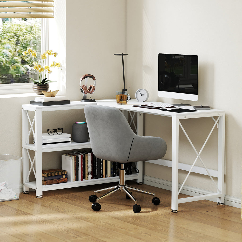 Bureau d'angle modulable réversible, bureau avec rangement, étagère de rangement, cadre en métal, 135x110x75cm, blanc