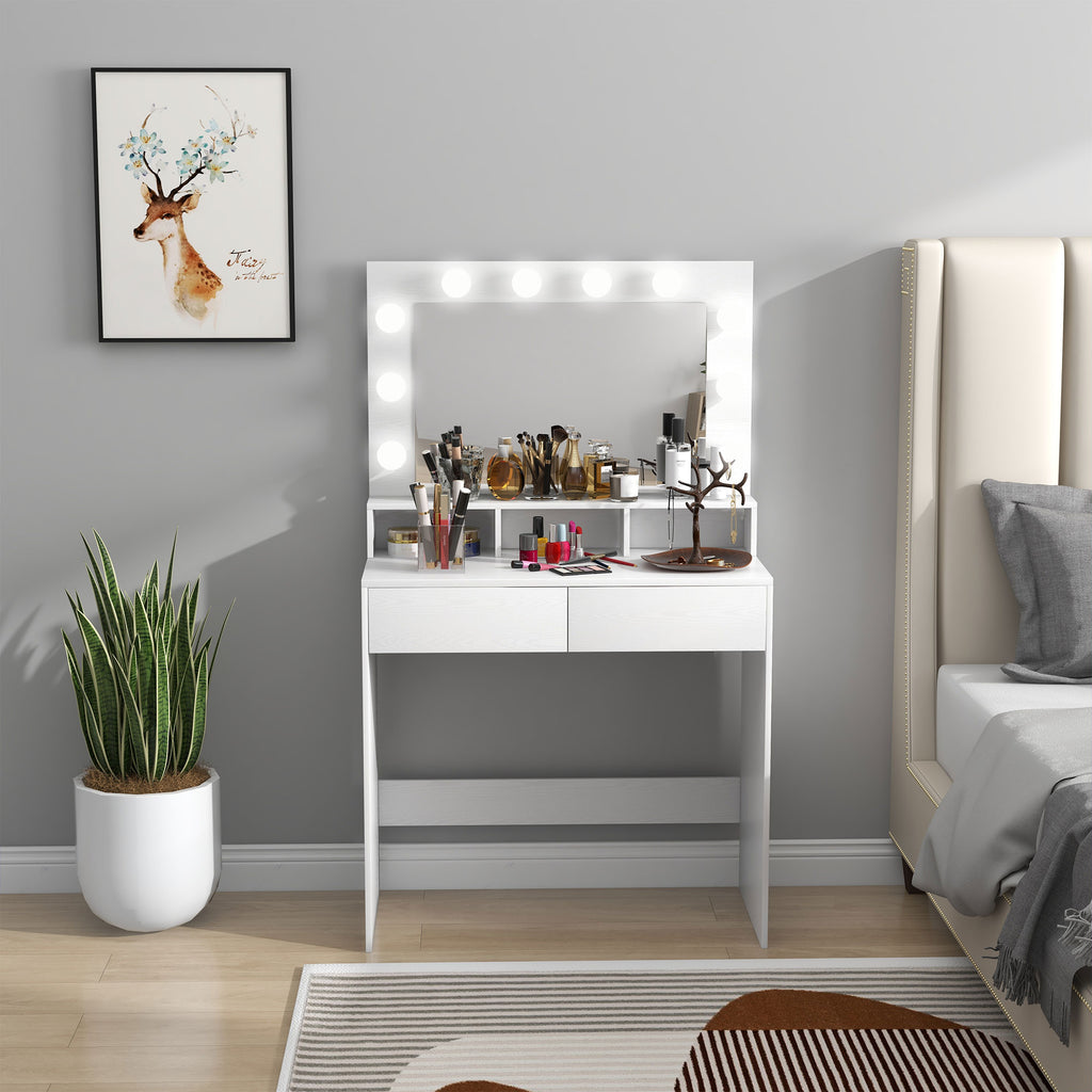 Coiffeuse avec miroir Hollywood, tiroirs, 3 modes d'éclairage, 10 ampoules, 80 x 40 x 135 cm, blanc