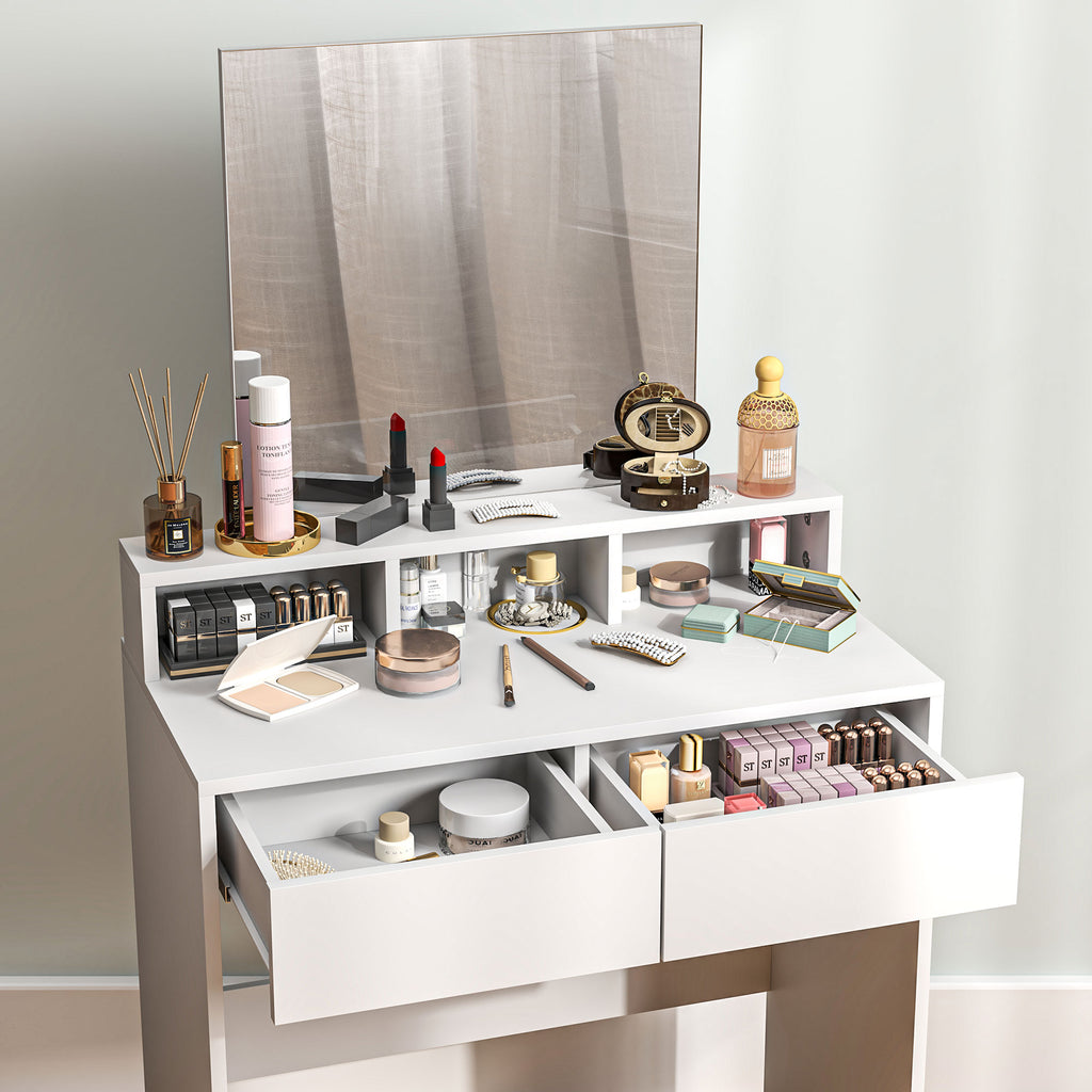 Coiffeuse avec miroir, table de maquillage avec 2 tiroirs et 3 compartiments, style moderne, 75 x 38 x 135 cm, blanc