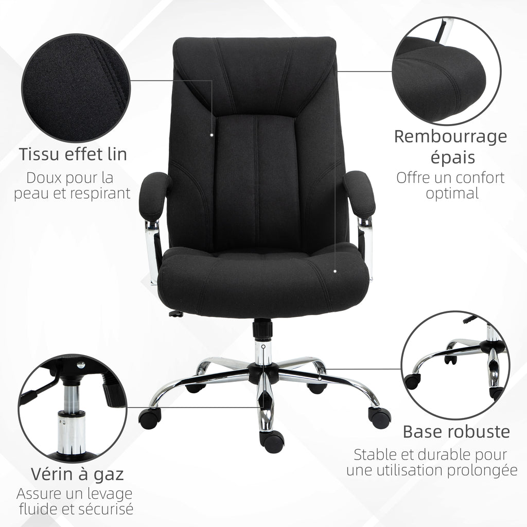 Fauteuil de bureau, chaise de bureau ergonomique, hauteur réglable, dossier haut, fonction de bascule, 65x78x118cm, noir