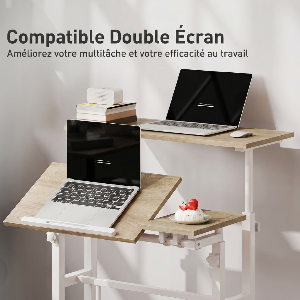 Bureau assis debout bureau réglable en hauteur 70 x 60 cm à roulettes avec plateau inclinable cadre en métal marron