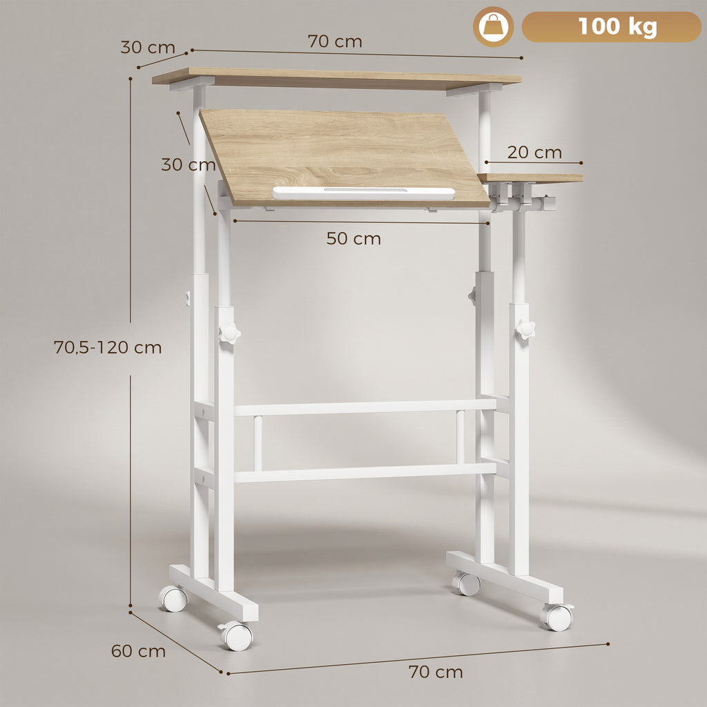 Bureau assis debout bureau réglable en hauteur 70 x 60 cm à roulettes avec plateau inclinable cadre en métal marron