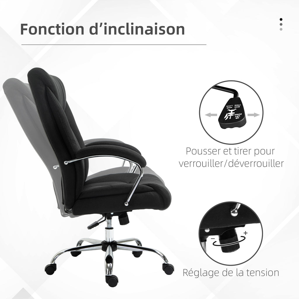 Fauteuil de bureau, chaise de bureau ergonomique, hauteur réglable, dossier haut, fonction de bascule, 65x78x118cm, noir
