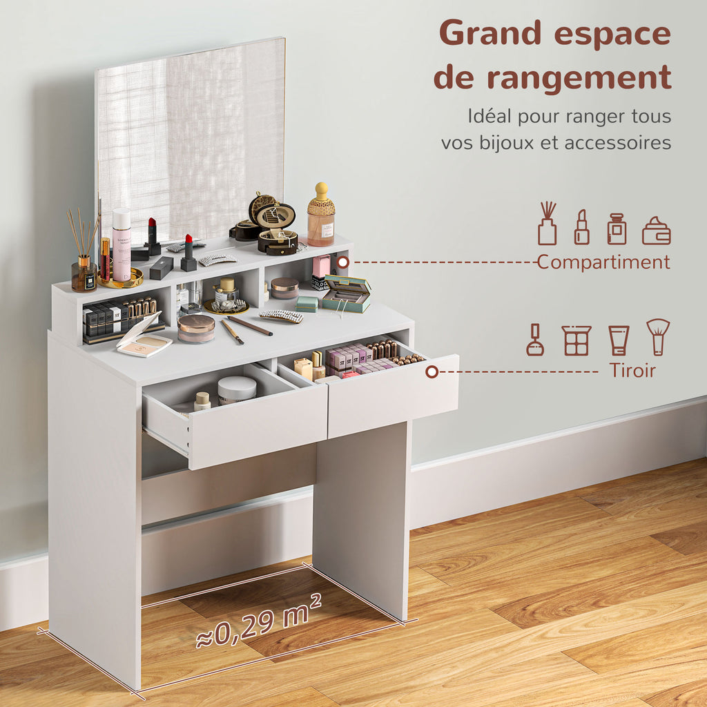 Coiffeuse avec miroir, table de maquillage avec 2 tiroirs et 3 compartiments, style moderne, 75 x 38 x 135 cm, blanc
