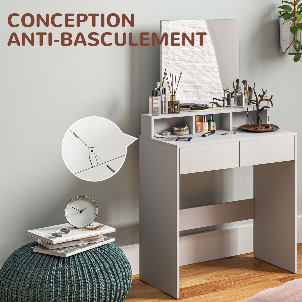Coiffeuse avec miroir, table de maquillage avec 2 tiroirs et 3 compartiments, style moderne, 75 x 38 x 135 cm, blanc