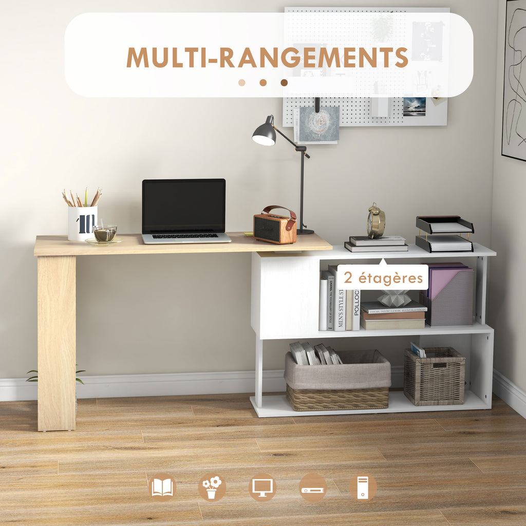 Bureau d'angle bureau informatique modulable bibliothèque intégrée + étagère 3 niveaux blanc et bois naturel