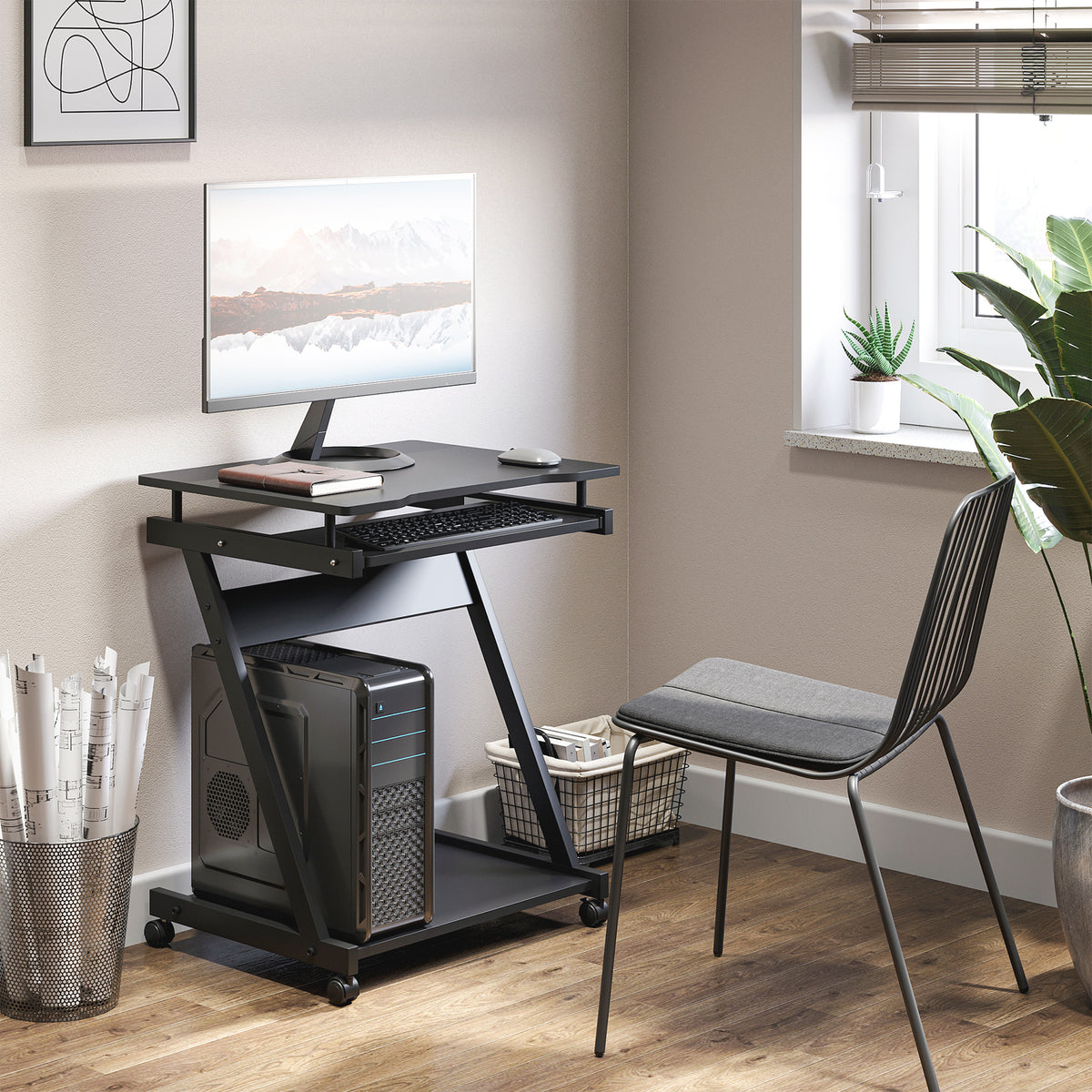 Bureau Informatique Roulant - Bureau Mobile - Table d'ordinateur - Tablette coulissante Clavier + étagère - Noir