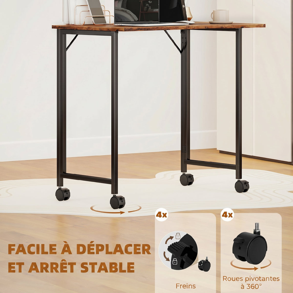Bureau Pliable 80 x 52 cm, Bureau Ordinateur sur Roulettes avec Fente d'Appareil, Montage Facile, Marron