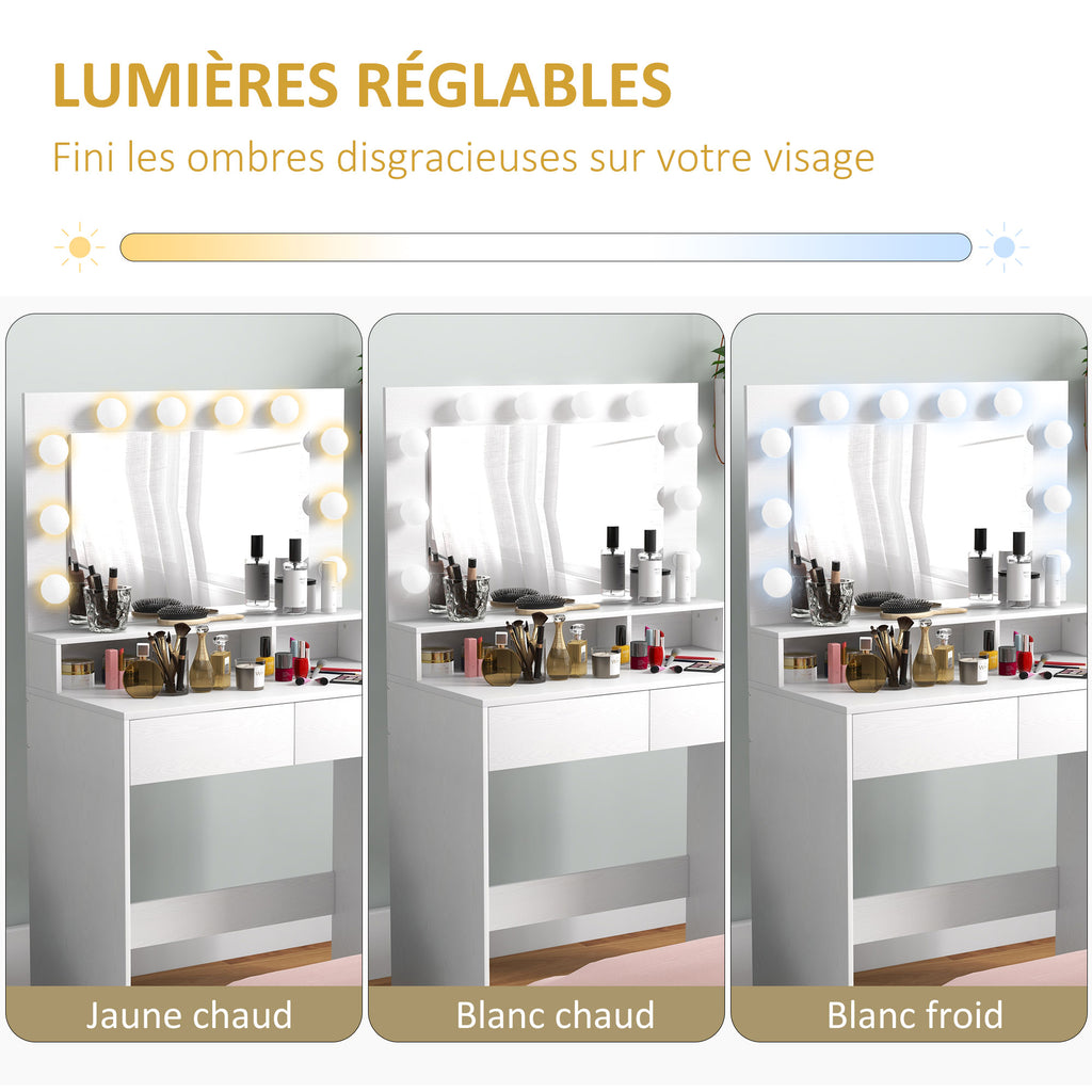 Coiffeuse avec miroir Hollywood, tiroirs, 3 modes d'éclairage, 10 ampoules, 80 x 40 x 135 cm, blanc