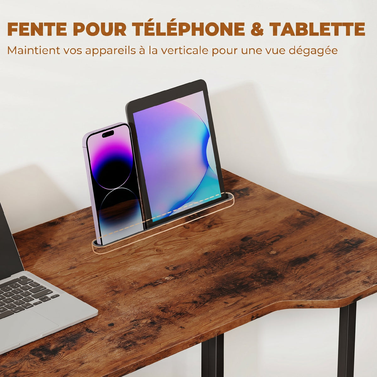 Bureau Pliable 80 x 52 cm, Bureau Ordinateur sur Roulettes avec Fente d'Appareil, Montage Facile, Marron