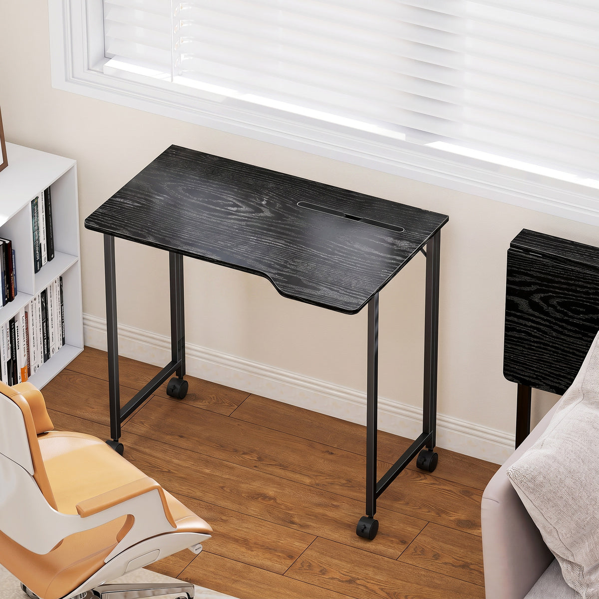 Bureau Pliable 80 x 52 cm, Bureau Ordinateur sur Roulettes avec Fente d'Appareil, Montage Facile, Noir