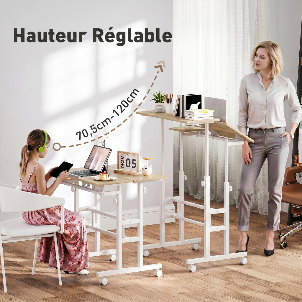 Bureau assis debout bureau réglable en hauteur 70 x 60 cm à roulettes avec plateau inclinable cadre en métal marron