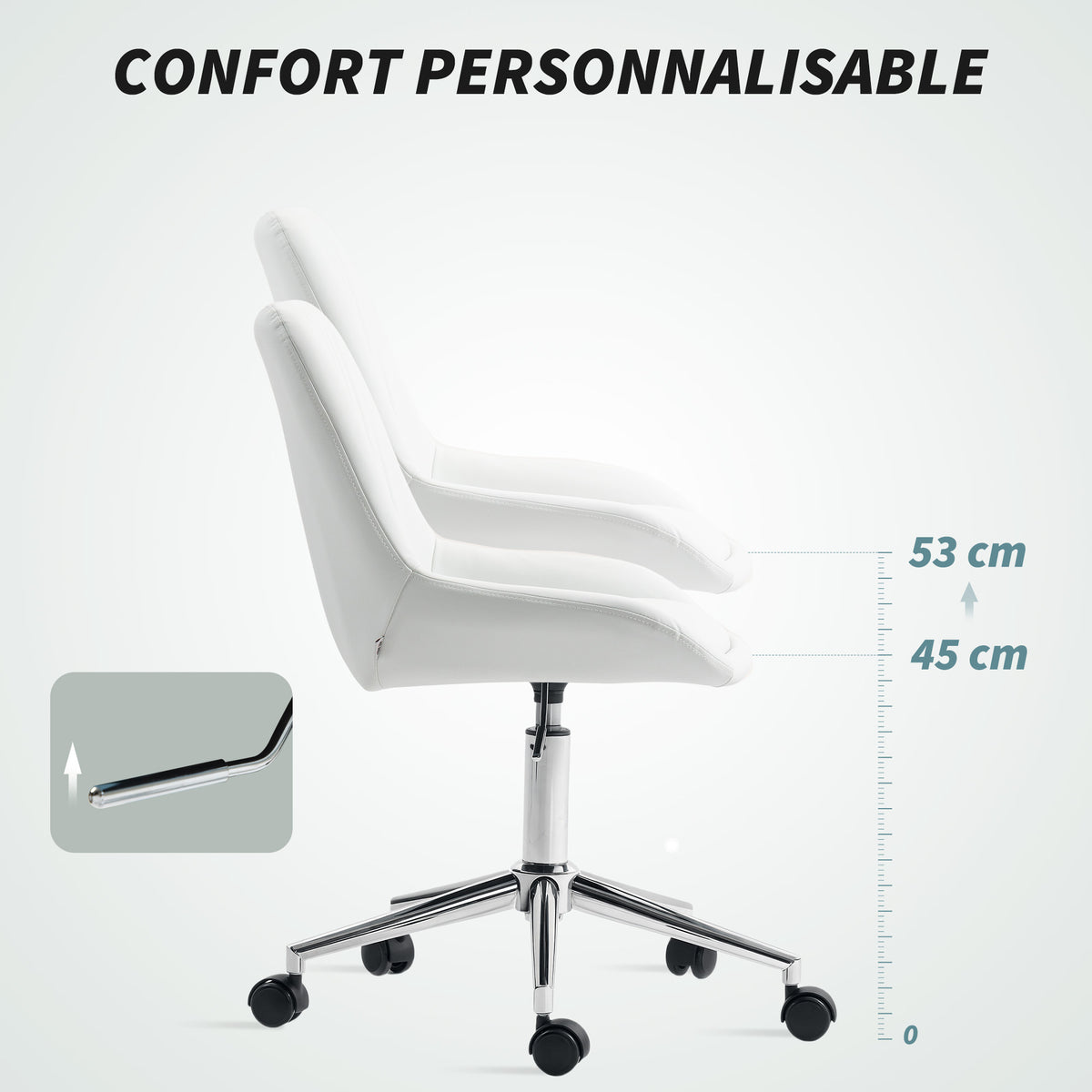 Fauteuil de bureau sans accoudoirs, chaise de bureau avec hauteur réglable, 52x58x80-90cm, blanc