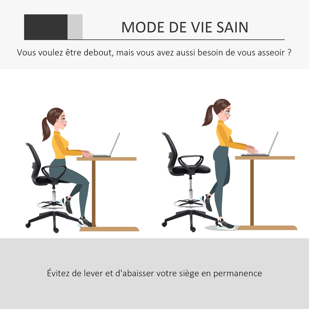 Fauteuil de bureau chaise de bureau assise haute réglable tabouret de bureau pivotant 360° maille respirante