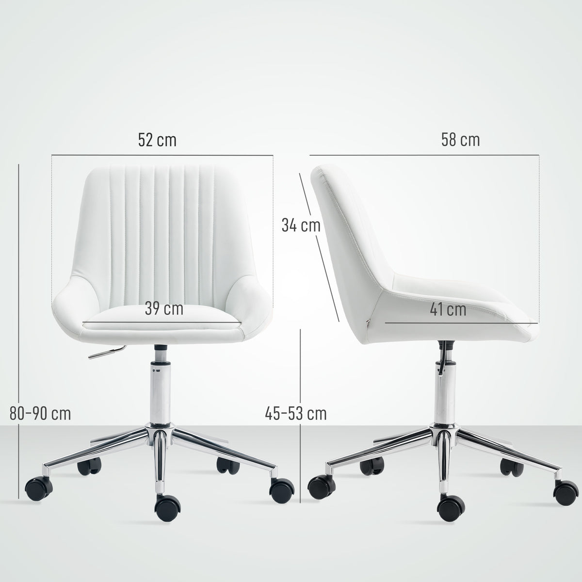 Fauteuil de bureau sans accoudoirs, chaise de bureau avec hauteur réglable, 52x58x80-90cm, blanc