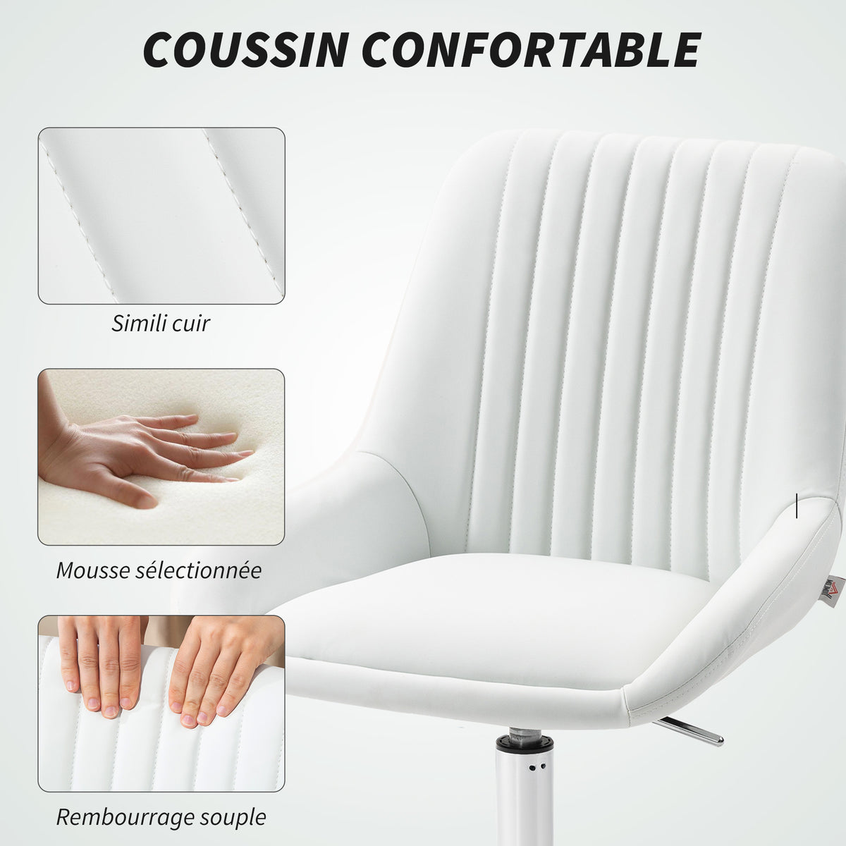 Fauteuil de bureau sans accoudoirs, chaise de bureau avec hauteur réglable, 52x58x80-90cm, blanc